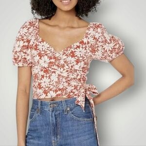 Madewell Top‎ Womens M Floral Anita  Linen Blend Wrap Smocked Back Puff Sleeves